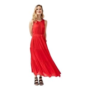 Banana Republic Red Pleated Maxi Dress S Petite Flowy Tiered Summer Wedding